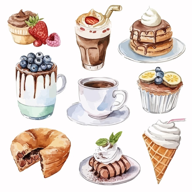 Set of sweets painted in watercolor