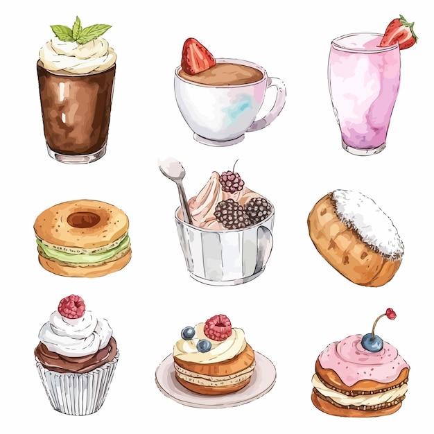 Vector set of sweets painted in watercolor