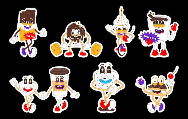 Vector set of sweets stickers cute donut coffee chocolate and ice cream characters in retro cartoon styl