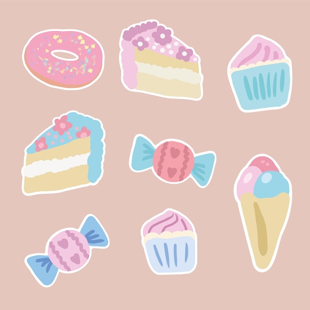 Set of sweets stickers magnets collection with decorative design candy cakeice cream and donut