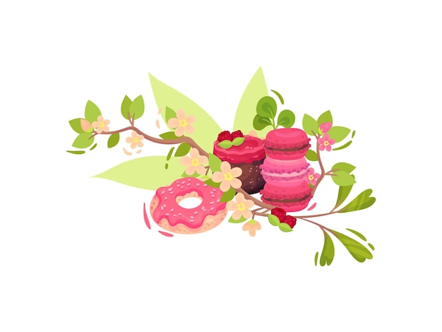 Set of sweets with flowers a piece of cake cupcake and biscuits decorated with sheets of fern