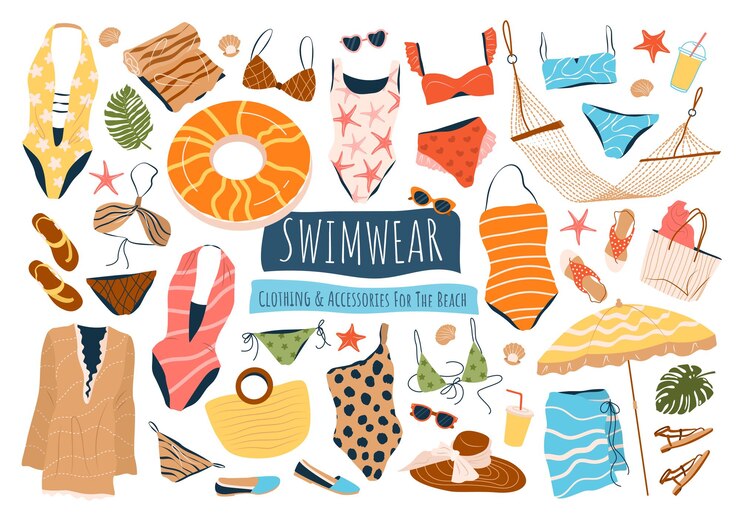 Set of swimwear swimsuits beachwear and accessories for women Hand drawn clothing apparel