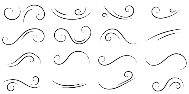 Set of swirl line wind doodle Hand drawn curve line air wind flow doodle motion swirl elements