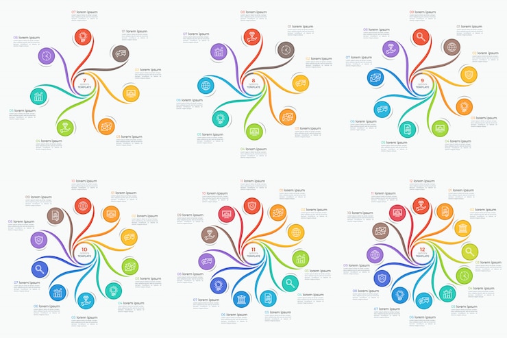 Vector set of swirl style infographics 7-12 options