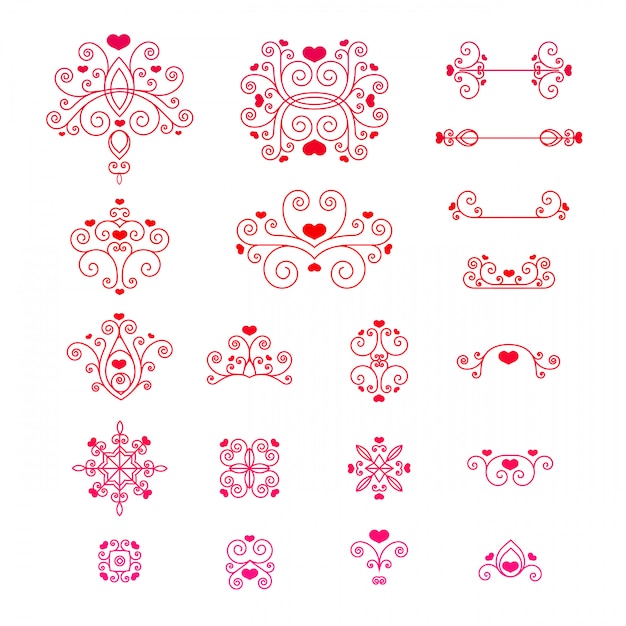 Set swirls, lines, decorative elements with hearts