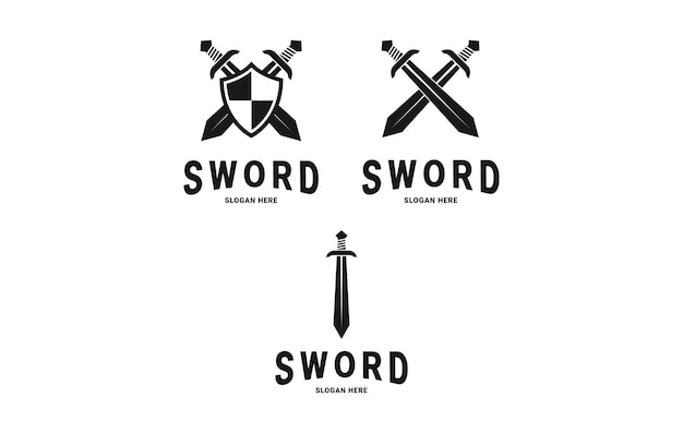 Vector set of sword logo design silhouette with shield