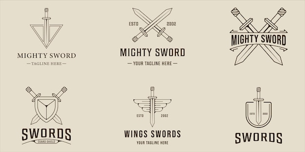 Set of sword logo vector line art simple illustration template icon graphic design bundle collection of various blade or saber sign or symbol for guard and shield concept