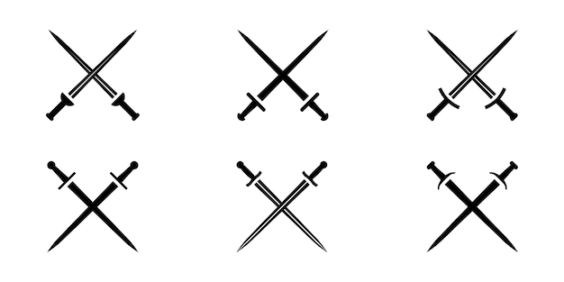 Vector set of sword vector icons. long knight weapon. medieval vintage sword. fight symbol.