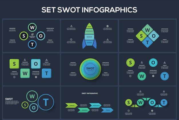 Set SWOT diagram with steps options parts or processes Template for web on a background