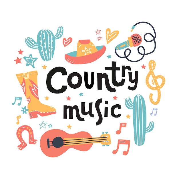 Set symbolen op country muziek thema met getekende letters.