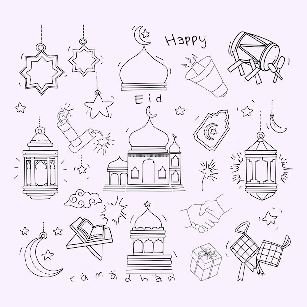 Set di simboli e icone per il sacro ramadan doodle line art illustrazione vettoriale disegnata a mano