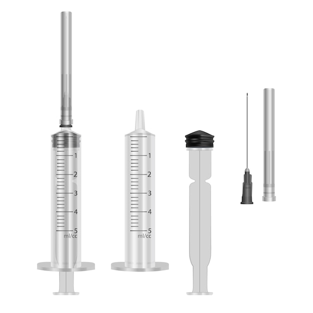 set of syringes 5 ml with hypodermic needles, medical single use syringes assembled and disassembled