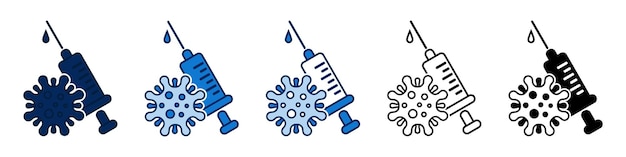 covid 아이콘이 있는 주사기 세트 격리된 배경에 다양한 색상의 주사기