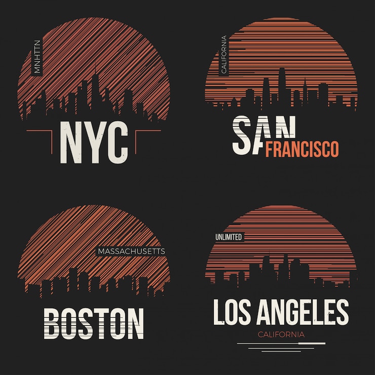 Vector set of t-shirt designs with us cities silhouettes