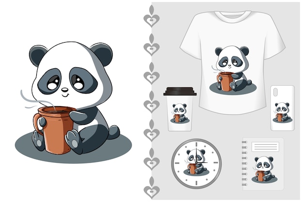 Set maglietta e merchandising, piccolo panda con caffè