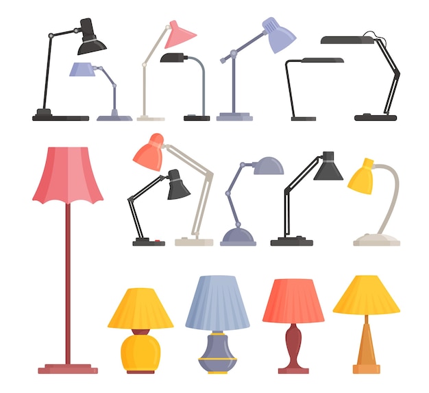 Vector set table and floor work lamps, colored metal desk bulbs of modern design isolated on white background. torchere electric supplies for home decor and room illumination. cartoon vector illustration