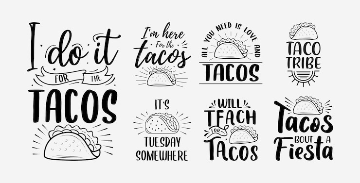 Vector set of taco lettering with vector illustration cinco de mayo funny hand drawn typography