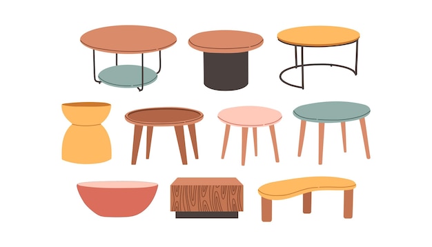 Set tafels in Scandinavische stijl Houten platte koffietafel Vector platte ontwerp illustratie