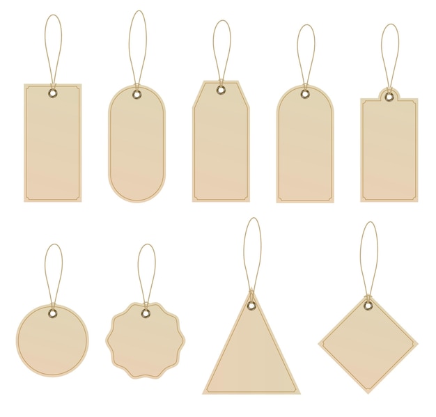 Set of tags on craft paper with rope. Blanks with rope. Shopping labels and price tags.