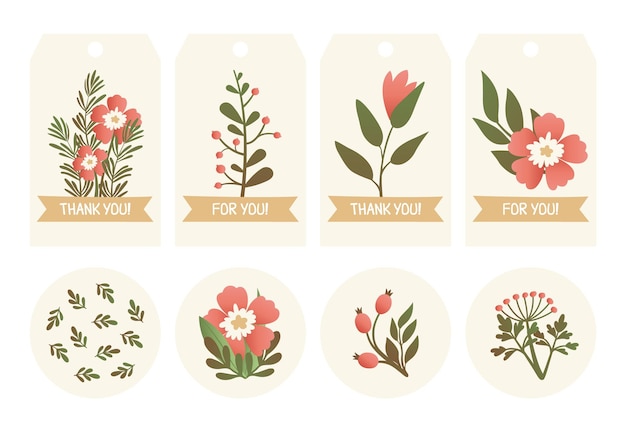 Set of tags and stickers with flowers, plants, herbs and berries. Simple botanical illustrations.