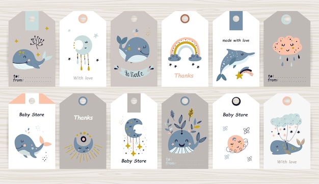 Set of tags with cute whales