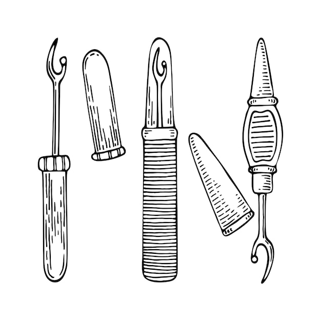 Set tailor seam rippers line art sewing thread trimming tool hand drawn vector illustration