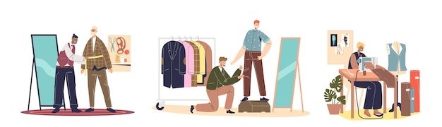 Vector set of tailors sewers dressmakers and seamstress at work