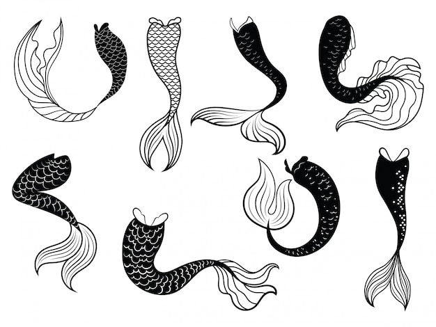 Set of tails mermaids. Collection of stylized mermaid tails for clipart.