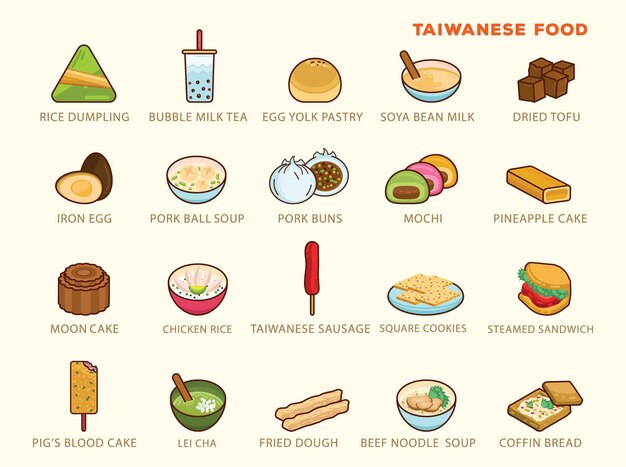 Insieme dell'illustrazione di vettore dello spuntino gourmet dell'icona dell'alimento taiwanese