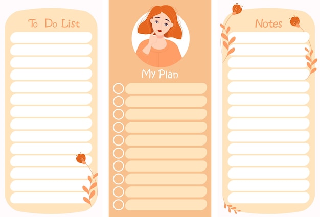 Set takenlijst en notities en plannen Organisatorplanner met schattig meisje Noteer papieren dag en planning