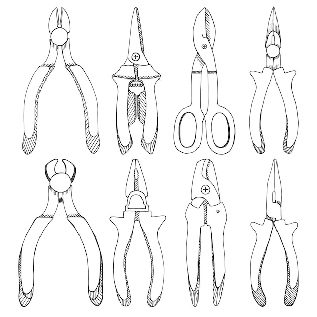 Set tangen, tangen en snoeischaar. Tools in schetsstijl.