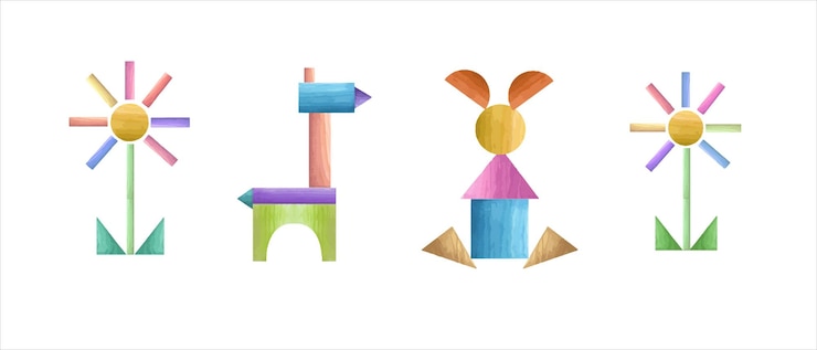 Vector set of tangram geometric puzzles wooden flower hare horse in bright colors watercolor illustration