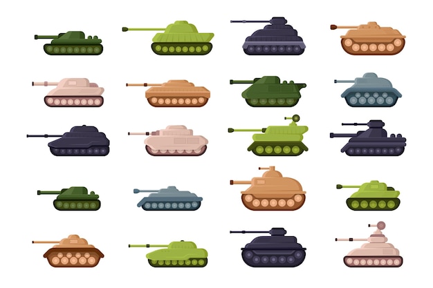 Set tanks in cartoon-stijl. militaire voertuigen in verschillende kleuren. oorlog, strijdconcept