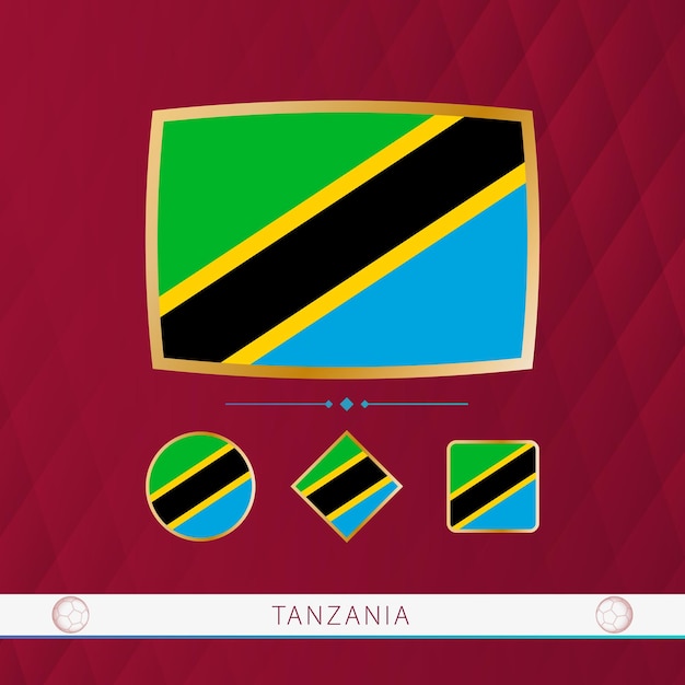 Set of Tanzania flags with gold frame for use at sporting events on a burgundy abstract background