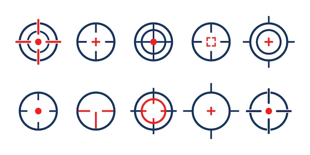 Set of target vector icons. Focus or aiming. Shot on bullseye. Sight sniper. Shot on gun.