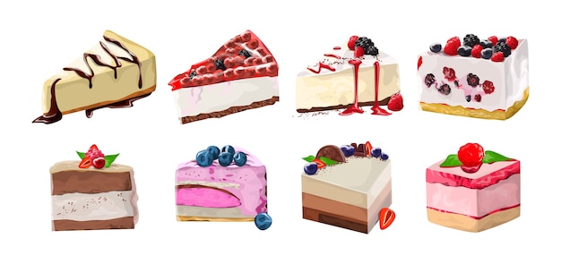 Set of tasty delicious dessert. Realisstic cake pieces with berries. Sweet junk food.   illustration