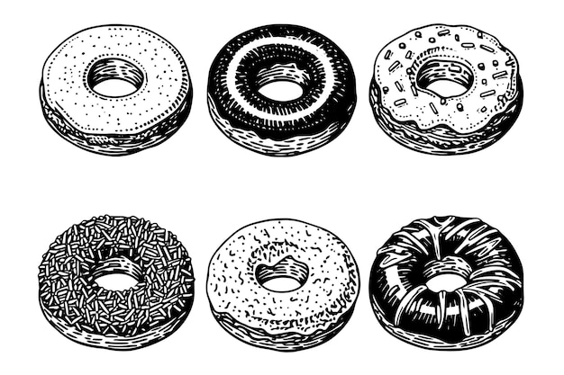 Set of tasty donuts engraving style Hand drawn ink sketch vector illustration