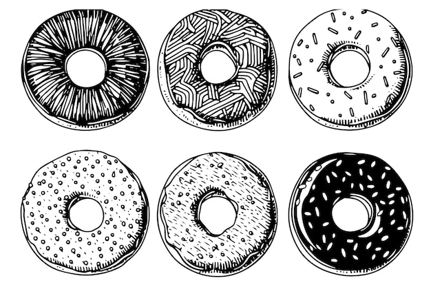 Set of tasty donuts engraving style Hand drawn ink sketch vector illustration