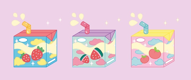 Set of tasty juice boxes strawberry peach and watermelon cute tasty milk kawaii japanese style