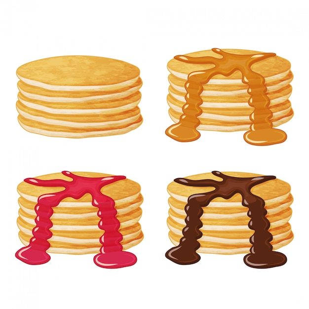 Vector set of tasty pancakes with sauces. illustration. realistic.