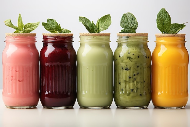 set of tasty summer fruits with juice in glass and tube