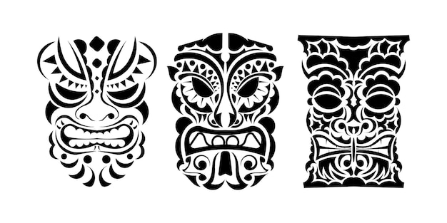 Set tattoo-gezichten of maskers in ornamentstijl van Polynesische Maori of Hawaiiaanse stammen