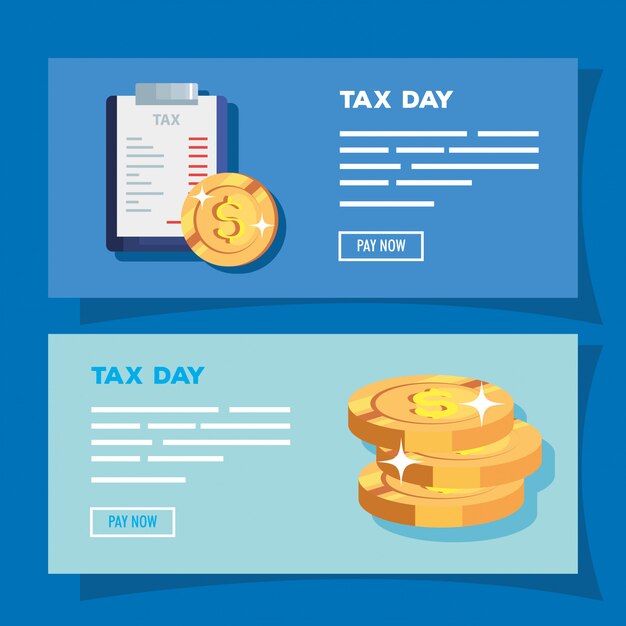 Set of tax day banner with money and clipboard