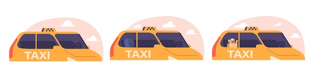 Set Taxi Cars Yellow Taxicab met Checker Oracle en Light Box op dak geïsoleerd op witte achtergrond Automobile Service