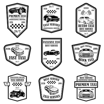Set di emblemi del servizio taxi. elementi di design per logo, etichetta, segno, poster, carta, volantino. illustrazione vettoriale