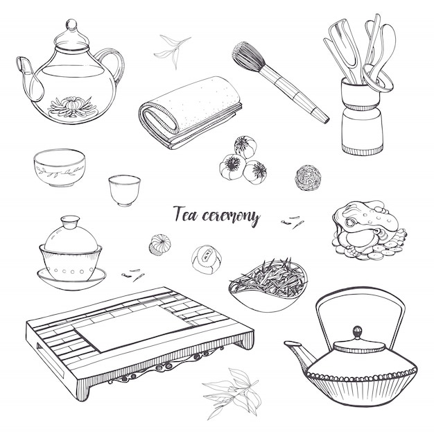 ベクトル 伝統的な道具を使った茶道のセット。ティーポット、ボウル、ガイワン。輪郭の手描きイラスト。