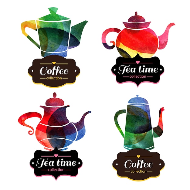 Vector set of tea and coffee labels. watercolor emblems. vector illustration