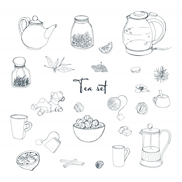 Impostare oggetti tea party. collezione con bollitore disegnato a mano, vaso, limone, foglia, tazza, zenzero, cannella. illustrazione.