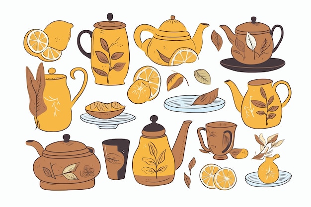 Набор предметов для чаепития коллекция с нарисованным вручную чайником