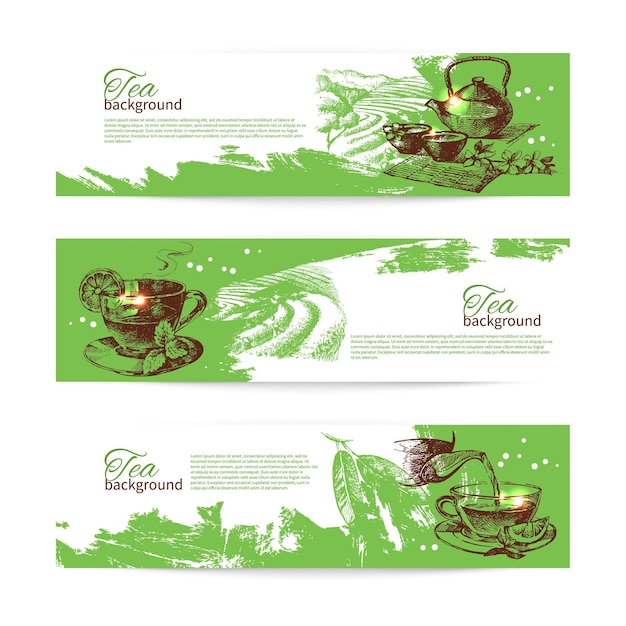 Vector set of tea vintage banners. hand drawn sketch illustrations. menu design backgrounds